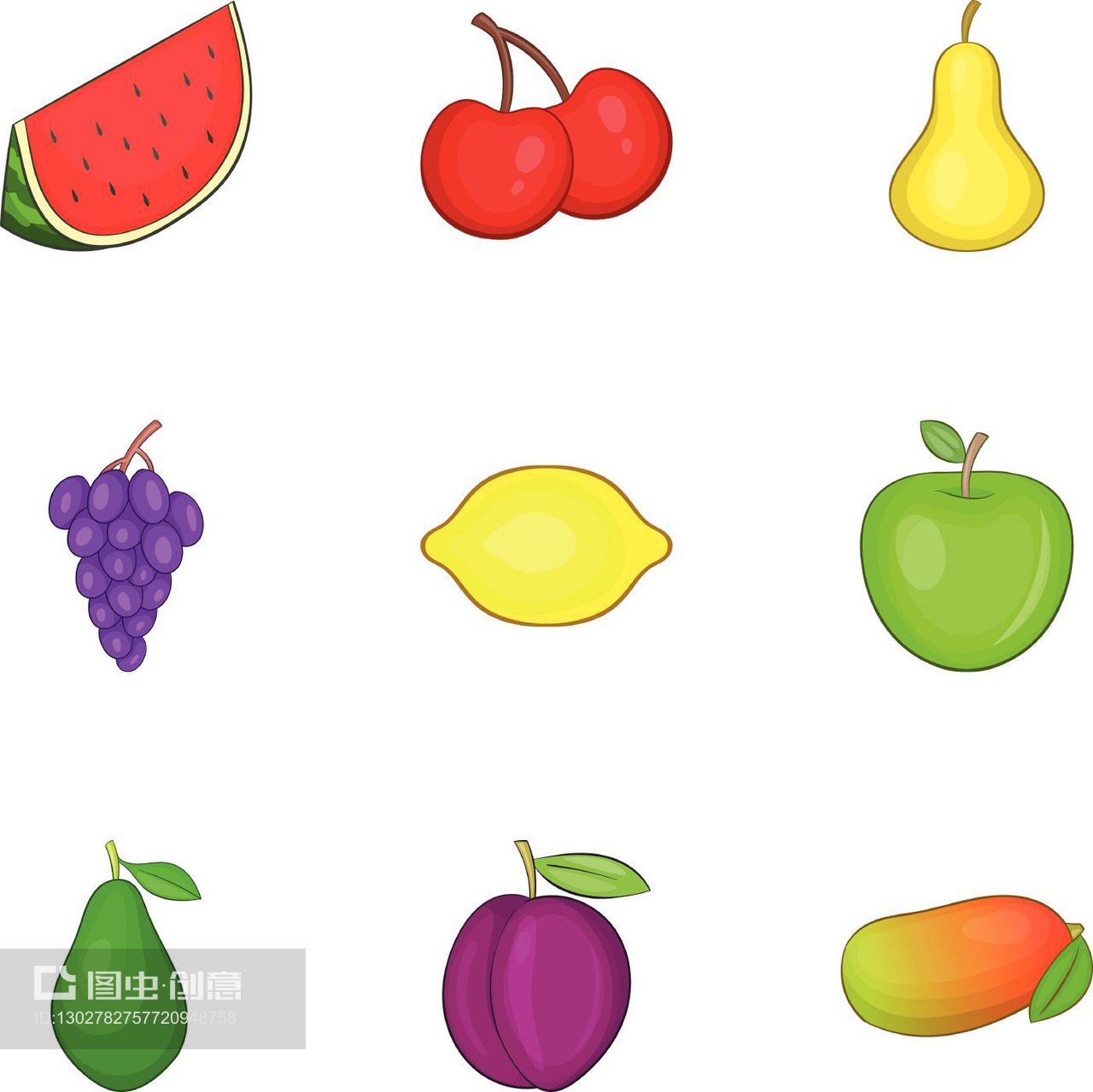 不同种类的水果图标集,卡通风格